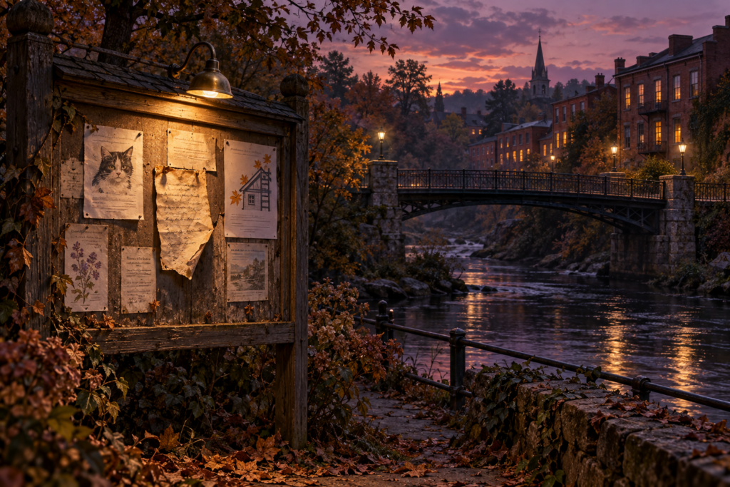 Lamplit noticeboard beside a river footbridge in Bramberwick at autumn dusk.