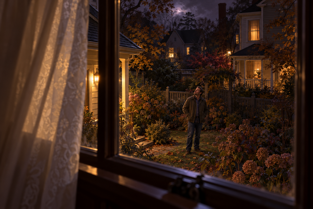 View through a bedroom window of a neighbor standing in his garden at night, looking upward toward the roof.