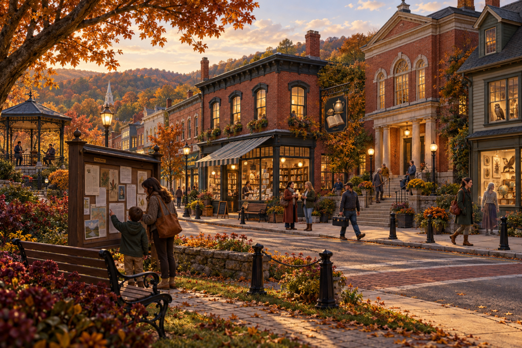 Neighbors gather near Bramberwick Common, with The Ink & Kettle bookshop, Founders’ Hall, and the museum across the street.