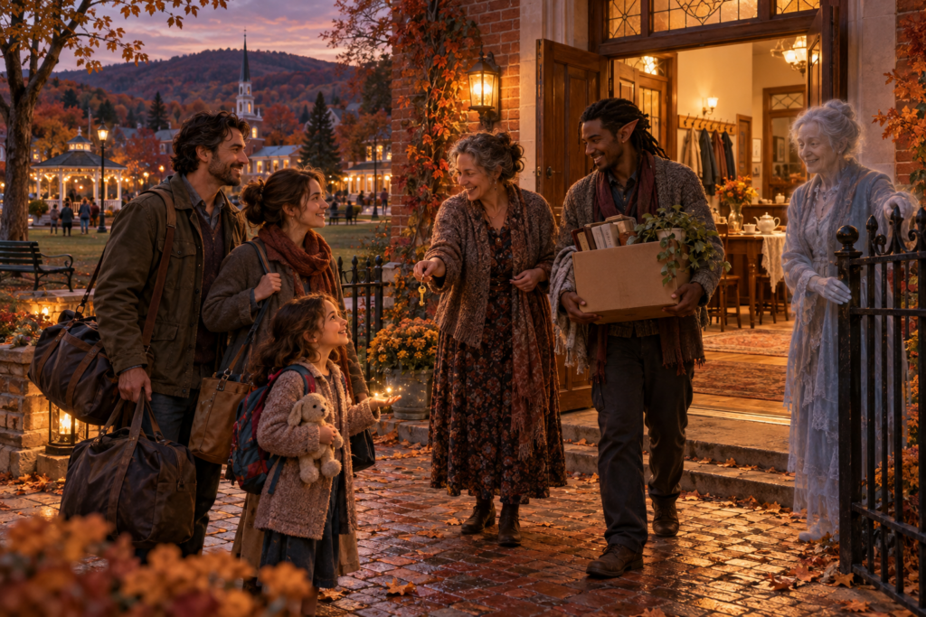 Human and supernatural neighbors welcome a family outside Founders’ Hall as a child holds glowing sparks in her hand.