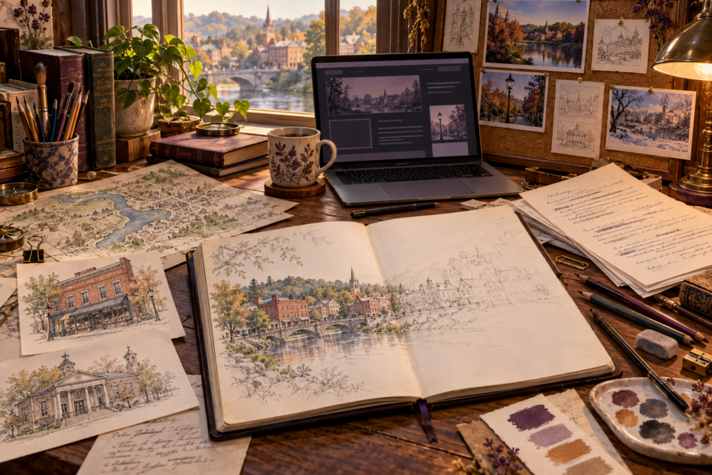 A partially painted Bramberwick sketch surrounded by town maps, architectural drawings, draft pages, and a laptop displaying an unfinished website.