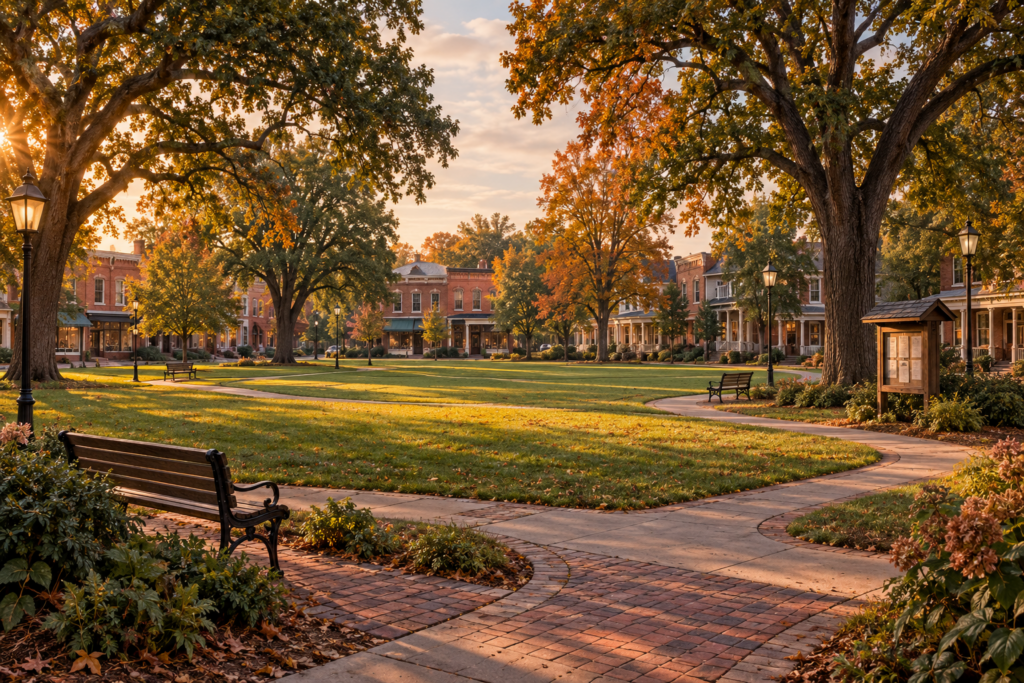 Tree-lined town green with winding paths, benches, and a noticeboard, surrounded by Bramberwick’s brick storefronts.