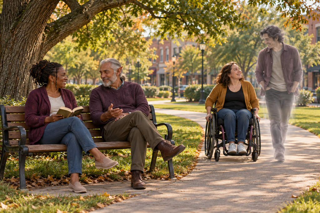 Neighbors chat on a shaded bench while a wheelchair user and a ghost share the paved path on Bramberwick Common.
