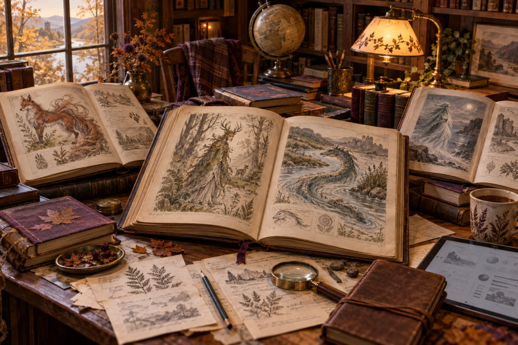 Open books illustrate a woodland spirit, river creature, many-tailed fox, and ghostly figure beside research notes and a magnifying glass.