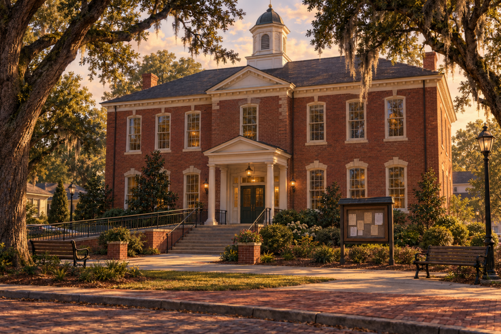 Two-story brick Founders’ Hall with a white entrance portico, access ramp, benches, and community noticeboard.