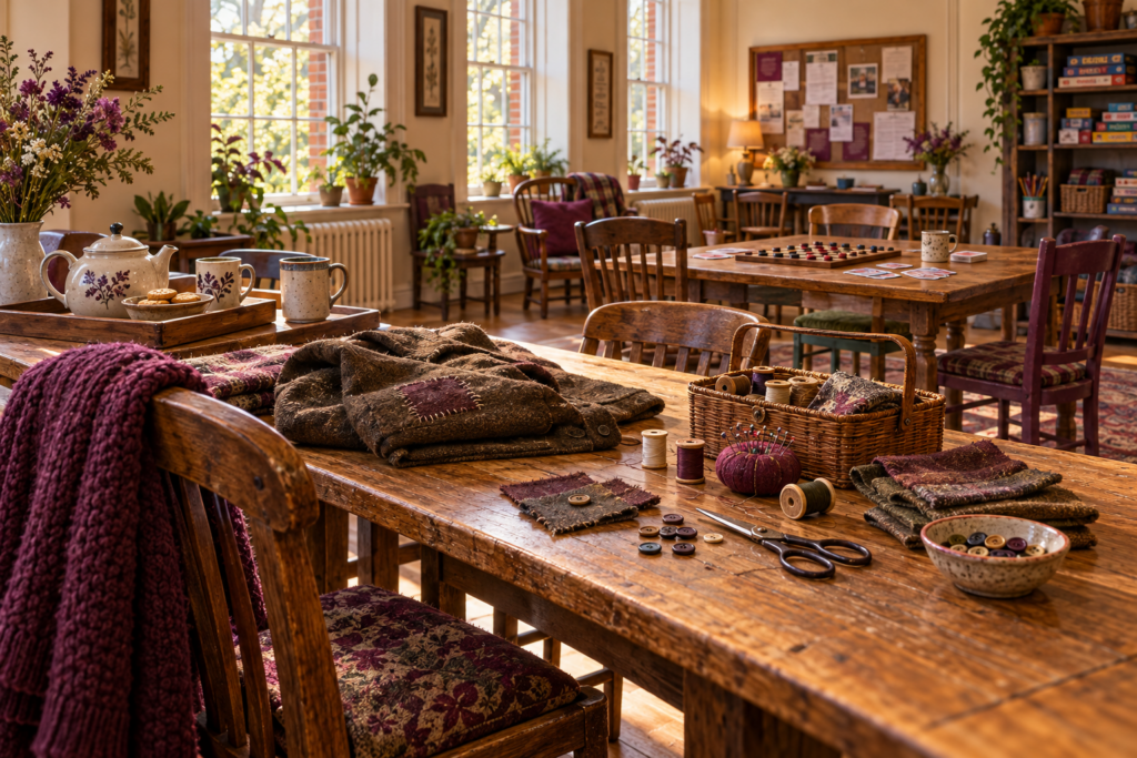 Mending supplies and a patched coat on a wooden table at Founders’ Hall, with tea and a nearby table set for games.