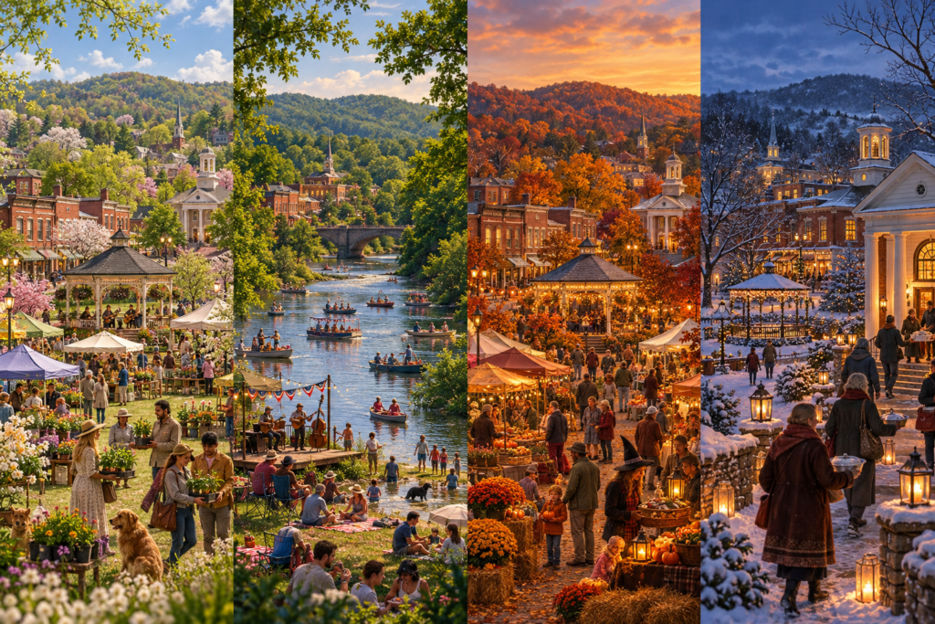 Four seasonal scenes in Bramberwick: a spring plant fair, summer boating and picnics, an autumn harvest market, and a snowy winter gathering.