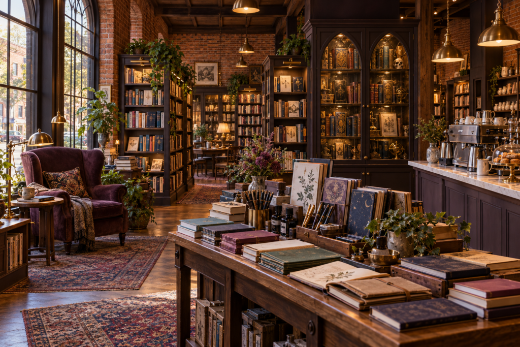 Books and stationery displayed inside the Ink & Kettle, with a reading chair, glass-fronted grimoire cabinet, and coffee counter.