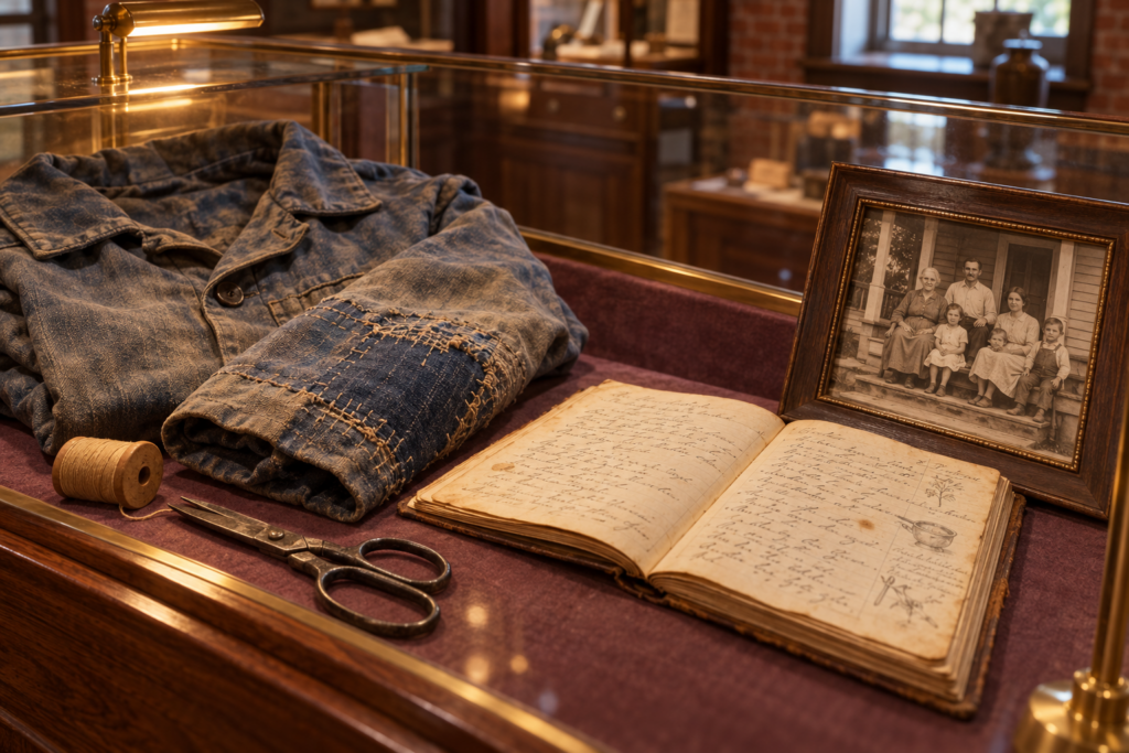 A mended work jacket, handwritten recipe notebook, sewing tools, and framed family photograph displayed in a glass museum case.
