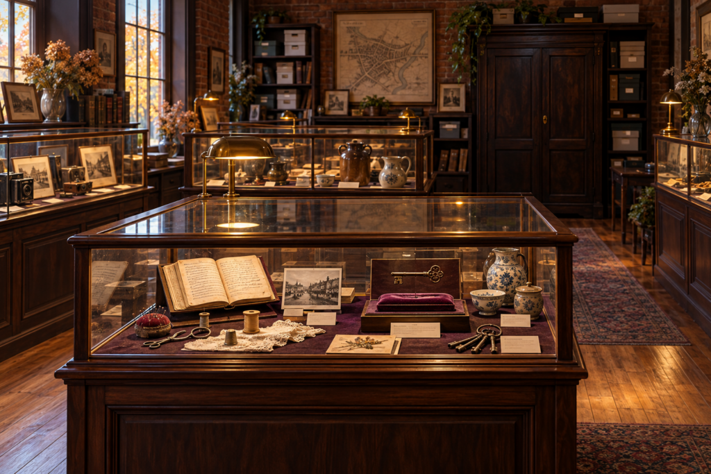 Warmly lit museum displays containing old photographs, sewing tools, pottery, and a key suspended above a velvet stand.