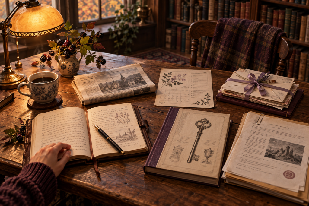 A newspaper, community calendar, ribbon-tied letters, open journal, museum catalog, and incident reports on a warmly lit reading table.