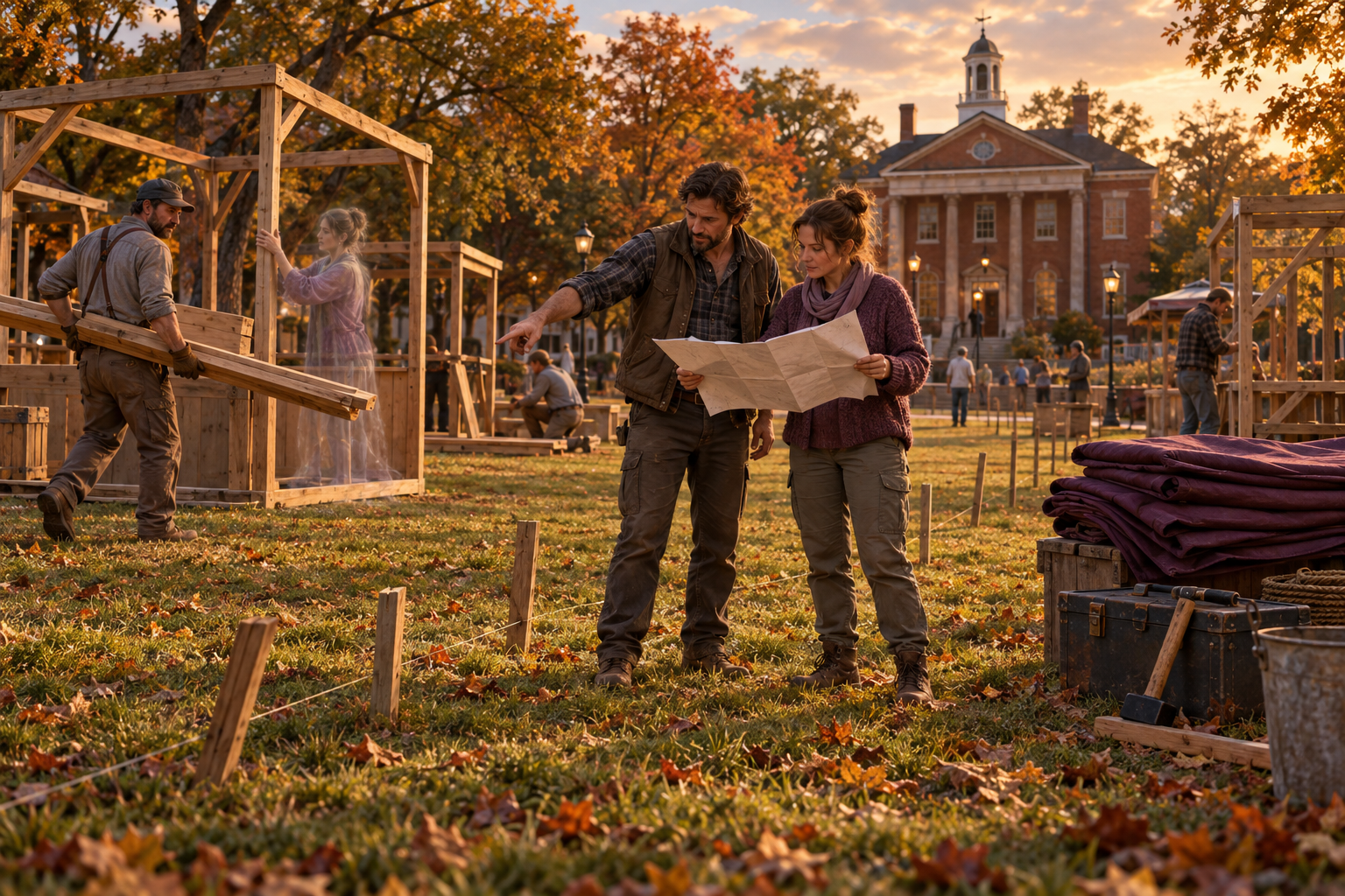 Organizers review a site plan while human and ghostly volunteers assemble market stalls on Bramberwick Common.