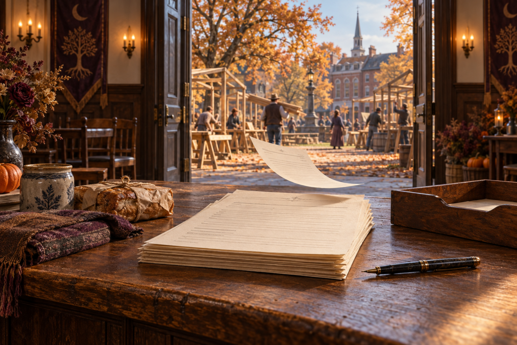 Stall application forms on a desk at Founders’ Hall, with market frames being assembled outside.