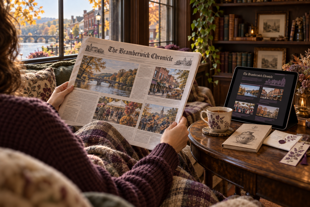 A reader browses The Bramberwick Chronicle beside a tablet displaying its digital edition, with tea, a museum booklet, and a letter nearby.