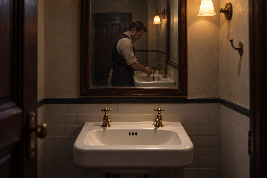 Empty washbasin at Founders’ Hall beneath a mirror showing a man washing his hands in dark water.