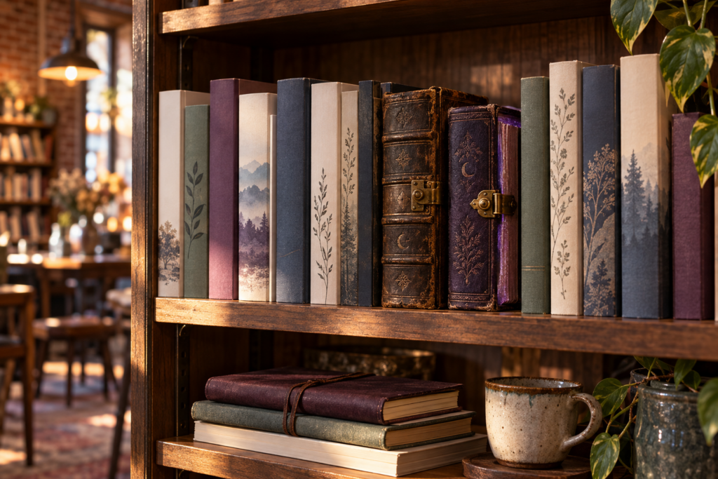 Modern books shelved beside two leatherbound grimoires secured with brass clasps at The Ink & Kettle.