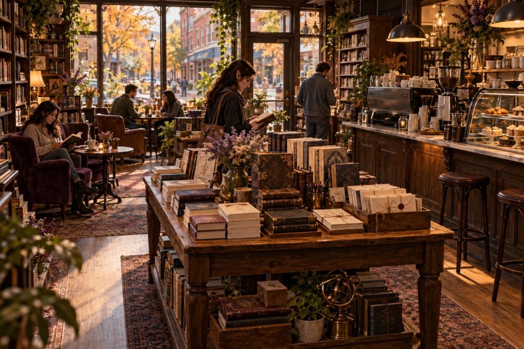 Customers browse books and stationery beside the coffee counter in The Ink & Kettle’s warmly lit interior.