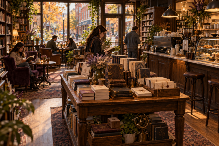 Customers browse books and stationery beside the coffee counter in The Ink & Kettle’s warmly lit interior.