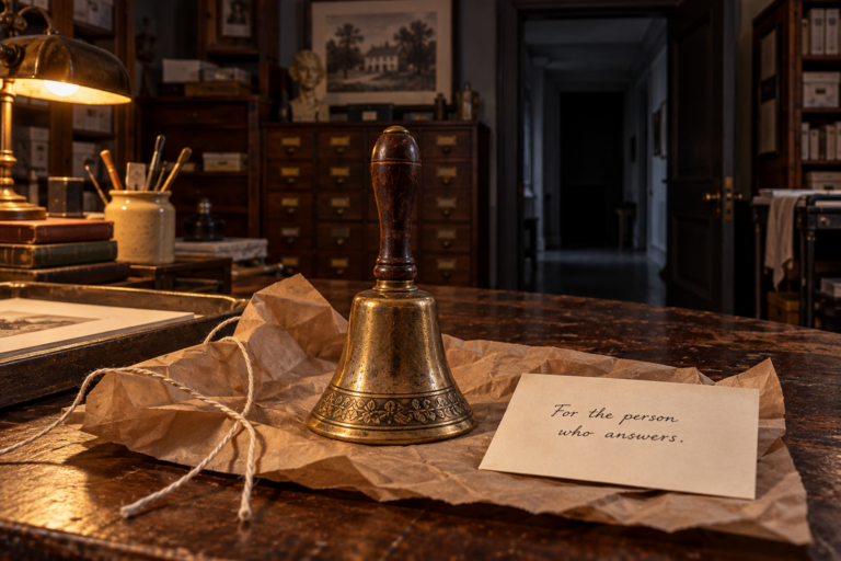 Antique brass handbell on brown parcel paper beside a card reading “For the person who answers,” with an empty museum corridor behind it.