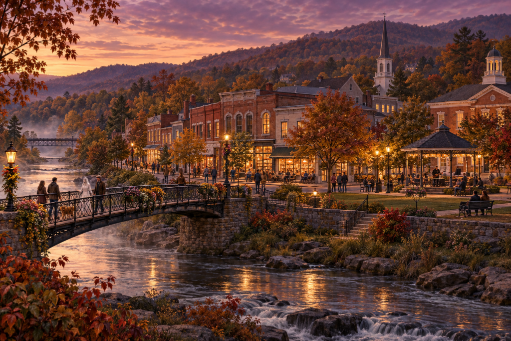 Bramberwick’s brick storefronts and town common beside the Bellwater River at autumn dusk, with residents and a ghost crossing a footbridge.