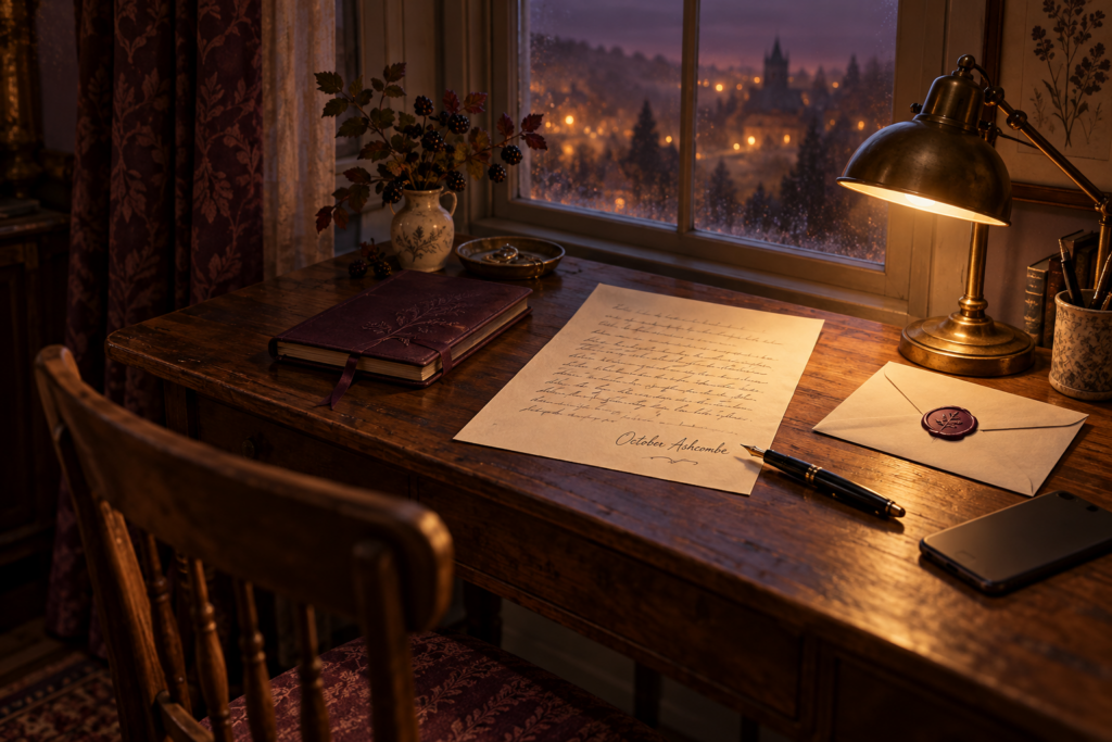 A letter signed October Ashcombe rests beside a fountain pen, sealed envelope, and plum journal at an empty lamplit desk.