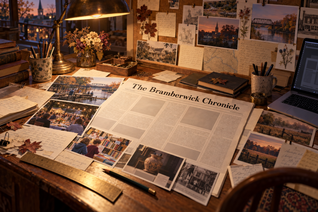 An unfinished Bramberwick Chronicle edition surrounded by residents’ letters, community photographs, and research notes on an editorial desk.