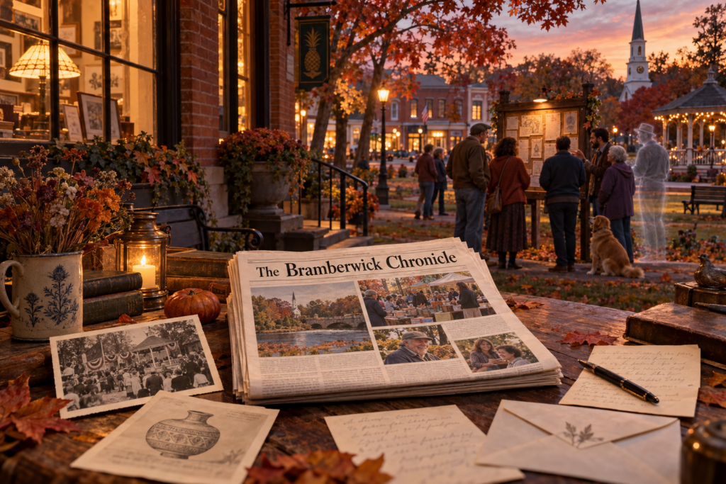 The Bramberwick Chronicle rests beside letters and an old photograph while human and ghostly neighbors gather at a town noticeboard.